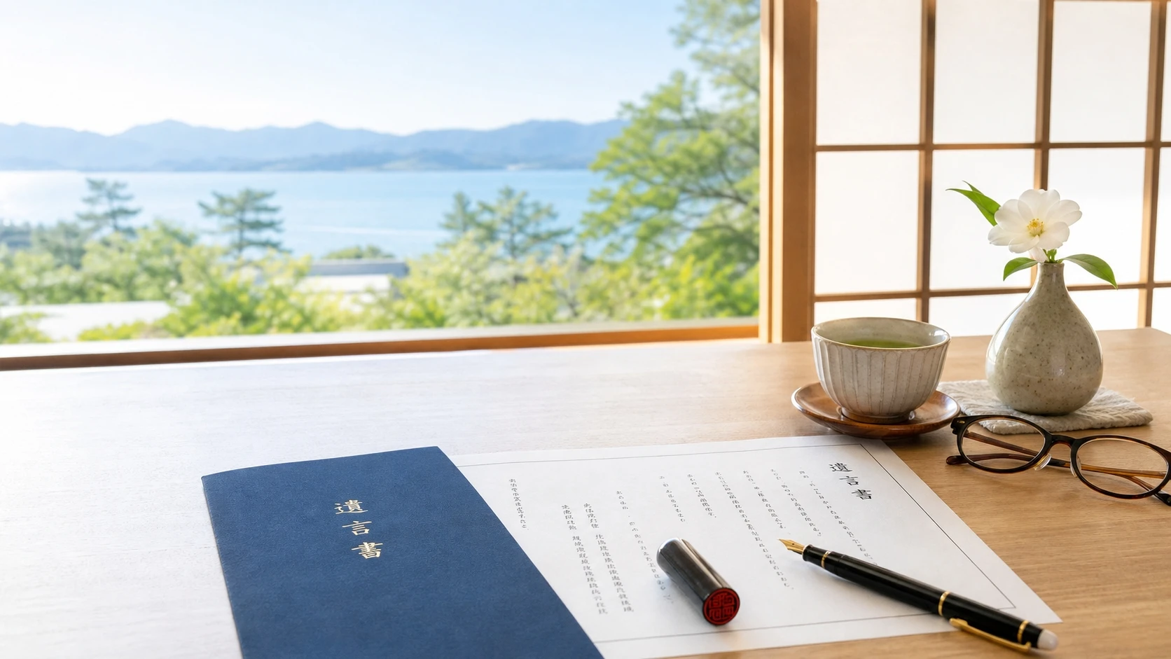 木の机に整然と置かれた正式書類、印鑑、万年筆、老眼鏡、お茶。